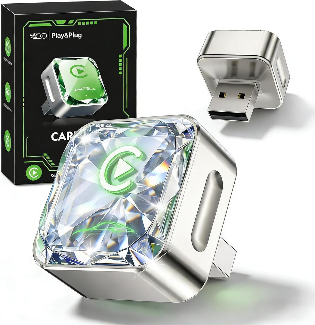 Wireless Apple CarPlay Adapter, 5.8G Quad-Core Chip No Latency, Aerospace Silicone Cooling, Zn-Alloy & Diamond Panel, Plug & Play Wired to Wireless CarPlay Adapter (Silver)