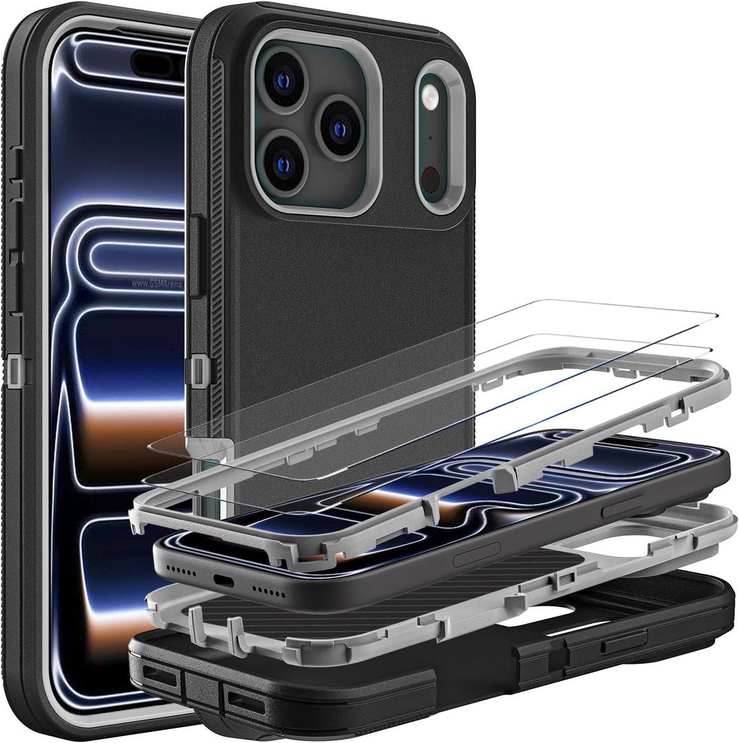 for iPhone 17 Pro Case, Military Grade 3 in 1 Heavy Duty Shockproof/Drop Proof/Dust Proof Case with 2Pcs Tempered Glass Screen Protector (Black/Grey)