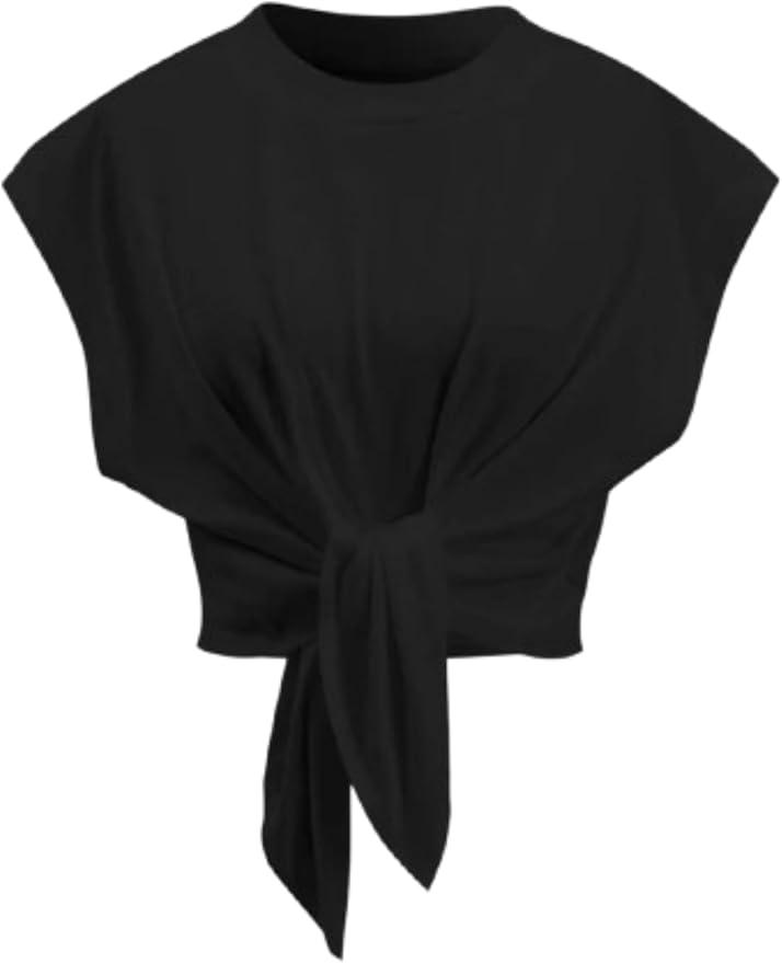 Tops for Women Cap Sleeve Tie Front Solid Ruched T-Shirt Tops 2025 Summer Crew Neck Tee Shirts Blouse, Medium
