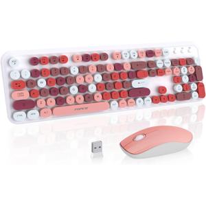 Keyboard and Mouse Wireless,Cute Retro Wireless Keyboard Mouse Combo with Round Key,2.4Ghz Dropout-Free Connection,Typewriter Wireless Keyboard Mouse Set for PC Laptop Desktop Computer-Pink Colorful