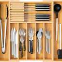 Bamboo Silverware Drawer Organizer, Expandable 13" to 20" Wide Kitchen Utensil Holder with 2 Knife Blocks, 7-9 Slots Cutlery Tray for Flatware (Natural)