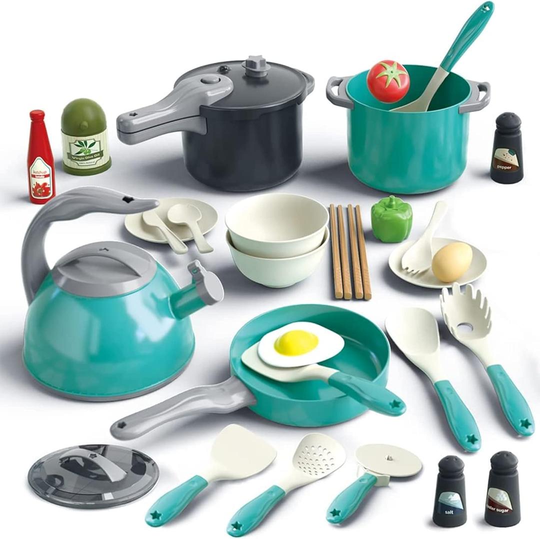 Bruvoalon 32Pcs Kids Play Kitchen Toys Set, Toddlers Pretend Cooking Playset Accessories with Pots Pans, Utensils Cookware, Foods, Canned Veges, Learning Gift for Kids Girls Boys (Green)