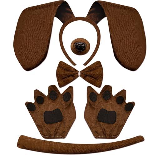 DysanVica Dog Long Ears Headband - 5PCS Dog Ears Headband Bowtie Nose Tail Puppy Paw Gloves for Adult Women Man Halloween Costume Floppy Animal Cosplay Party Accessories Set (Brown)