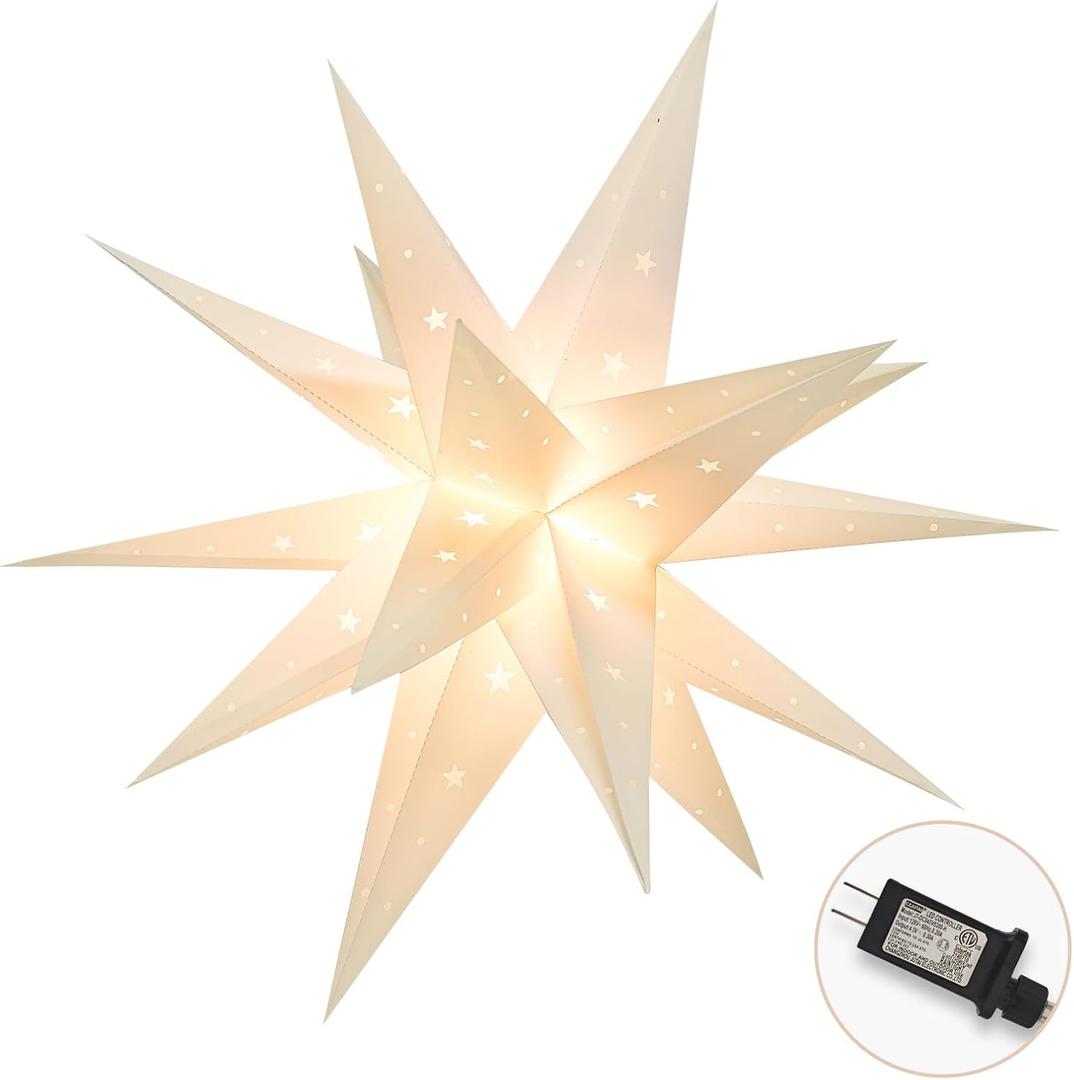 23" Plug-in Moravian Star Outdoor Light with Timer, Warm White 3D PVC Christmas Star IP44 Waterproof Hanging Decoration for Porch, Garden, Wedding, Indoor Holiday Display