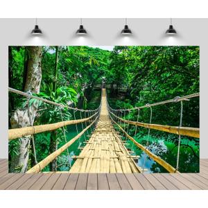 7x5ft Green Forest Backdrop Philippines Tropical Forest River Bamboo Bridge Background Woods Nature Theme Hiking Camp Party Decor Photo Booth Photo Studios Props Wallpaper (B1-2198)