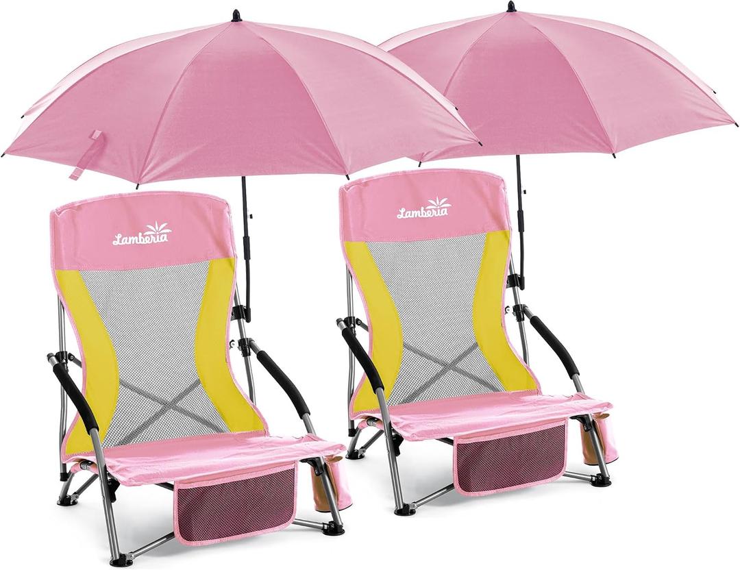 Folding Beach Chair with Umbrella for Adults, 2 Pack Portable Low Beach Chairs with 300lbs Capacity, Lightweight Fodable Camping Chair for Travel, Picnic, Concert & Outdoor Activities,Pink-Yellow, 27.5 x 22 x 20 inches