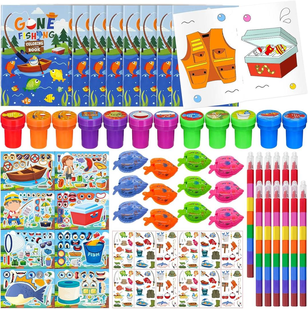 Cinrobiye 72 Pcs Gone Fishing Party Coloring Book with Crayons Bulk,Summer Fishing Party Favors Goodie Bags Fillers,Little Fisherman Birthday Supplies Face Stickers Tattoo Prizes Gift for Summer Party