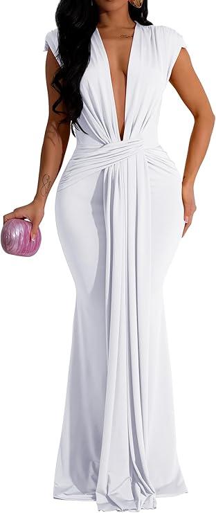 Memoriesea Women's Elegant Sleeveless Deep V Neck Bodycon Party Evening Gown Maxi Dress White, Size: XL