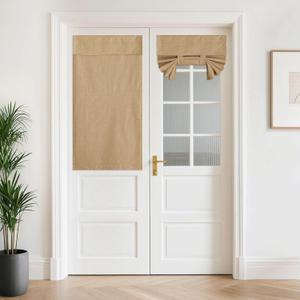 NICETOWN Privacy French Door Curtains, Rich Linen Texture 100% Blackout Door Window Curtains and Drapes Farmhouse Tie Up Shade for Kitchen Office, W26 x L50 inch, 1 Panel, Camel