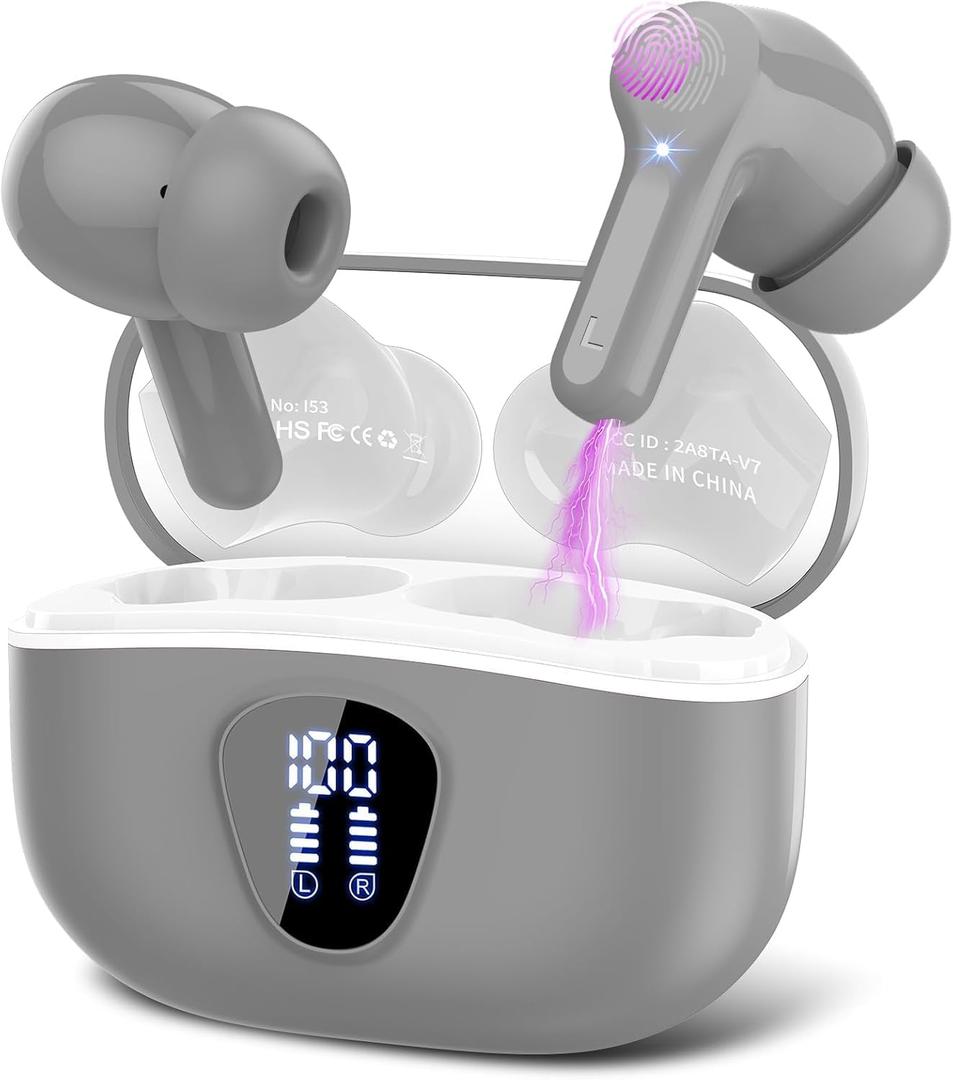 Wireless Earbuds, Bluetooth 5.4 Headphones HiFi Stereo, Bluetooth Earbuds with ENC Noise Cancelling Mic, IP7 Waterproof in Ear Earphones, 48H, LED Display Ear buds for Pad Workout Sports, Light Gray