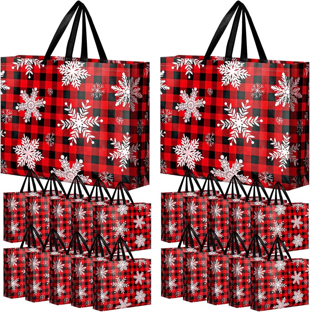 Abbylike 36 Pcs Reusable Christmas Large Gift Bags Bulk Xmas Holiday Plaid Tote Shopping Bags with Handles (Red)