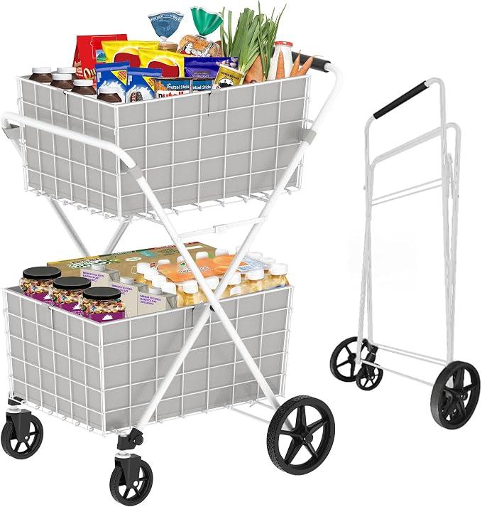 2-Tier Extra Large Collapsible Grocery Cart On Wheels, 400lbs Shopping Cart for Groceries with 2 Removable Baskets, Waterproof Liner, Heavy Duty Foldable Shopping Utility Cart for Seniors