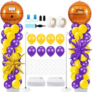 Kasyat 2 Sets Basketball Balloon Column Stand Kit with 4d Basketball Gold Purple Star Foil Balloons, Purple and Yellow Arch Kit for Floor for Graduation Anniversary Decorations