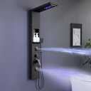 ROVATE LED Shower Panel Tower System with Shelf - Matte Black Rainfall Waterfall Shower Tower with Mist and Massage Body Jets, Handheld, Tub Spout, Powerful Shower Column Stainless Steel