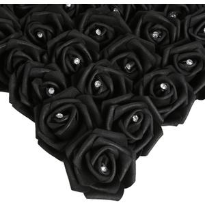 IPOPU 100pcs Black Rose Artificial Flower Heads Bulk with Crystal 3in Real Looking Foam Fake Roses Faux Flowers for DIY Craft Wedding Bouquets Arrangements Party Table Home Decorations(Black)