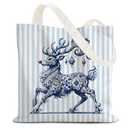 LZYRF Blue and White Chinoiserie Christmas Reindeer Tote Bag, Grandmillennial Christmas Canvas Tote Bag Gifts for Women, Blue Striped Rudolph Reindeer Reusable Xmas Holiday Gift Bags Party Favors