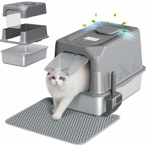 XL Stainless Steel Litter Box with Lid, Plasma Deodorizing Metal Litter Box with Infrared Sensor for Big Cats Extra Large Litter Tray Anti-Leak Easy to Clean Kitty Litter Pan for Multiple Cats (Dark Gray)