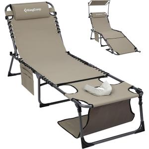 KingCamp Lounge Chair with face Hole & Canopy Shade, 400LBS Folding Portable Tanning Chair with face Hole, Adjustable 5-Position Foldable Beach Sun Tanning Chair for Outside Beach Patio Outdoor Pool