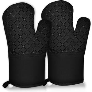 2 Pcs Oven Mitts Heat Resistant for Kitchen, Kitchen Oven Gloves, Long Oven Mitts and Pot holder with Non-Slip Silicone Stripe and Soft Cotton Lining, Silicone Oven Mitts for Cooking Baking BBQ Gloves (Black)