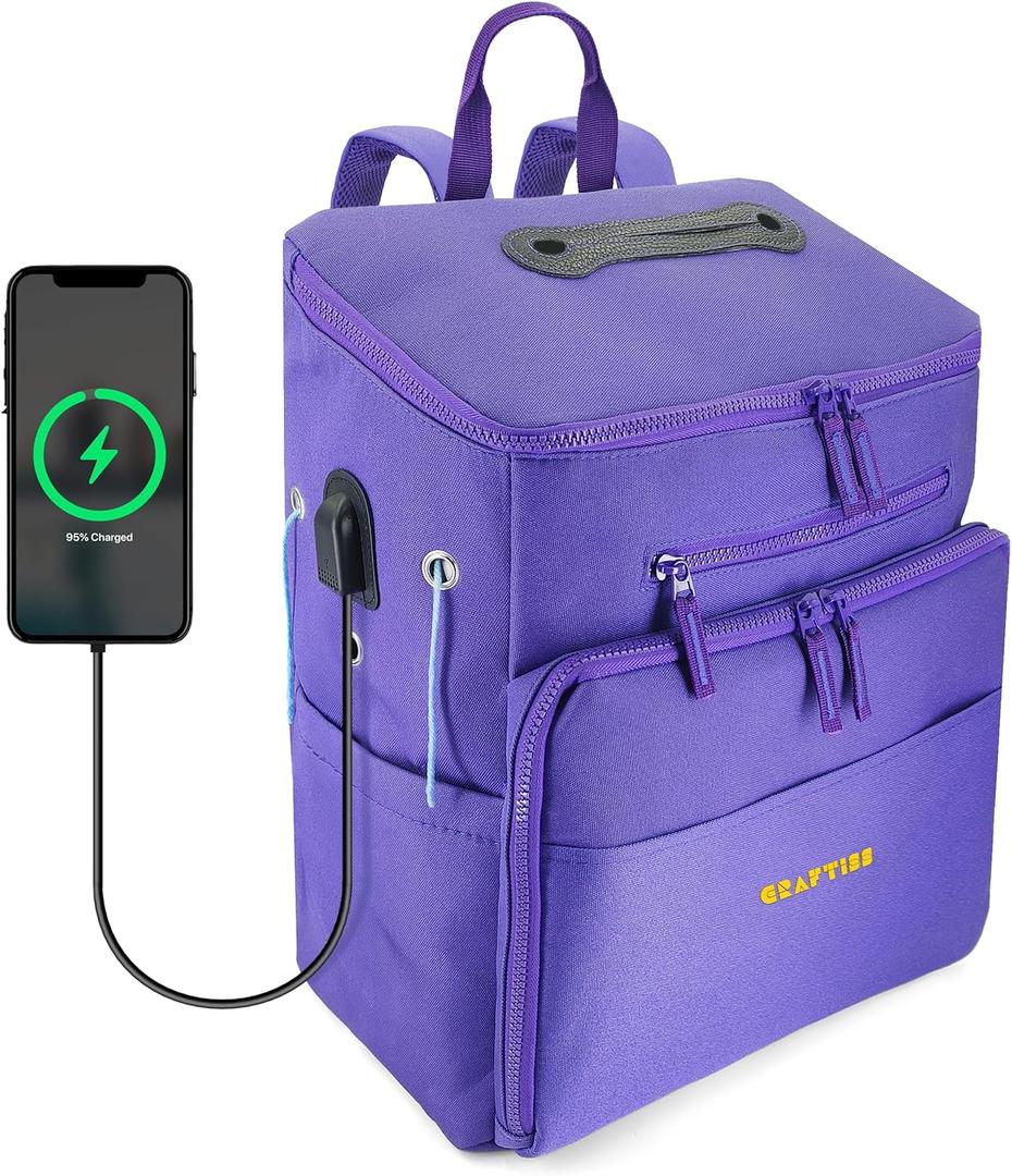 CRAFTISS Crochet Bag Yarn Storage - Christmas Gift - Durable Canvas Yarn Bag for Crochet Accessories  Backpack Organizer with Knitting Accessories Pockets and USB Cable (Violet)