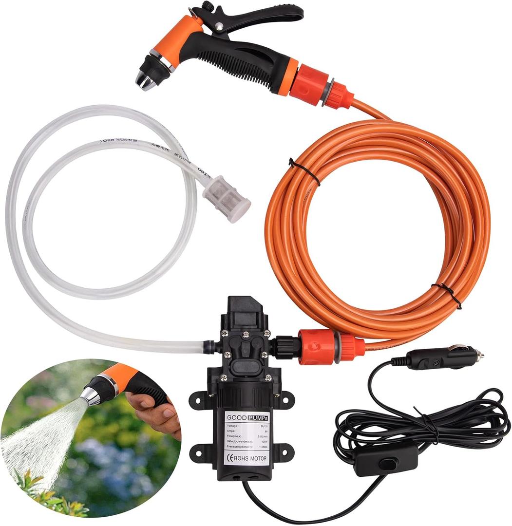 12V Car Washer Pump Kit Portable Electric Pressure Washer Pump for Car, Boat, Home, Garden 100W Car Cleaning Wash Pump 145PSI Electrical Washer Kit