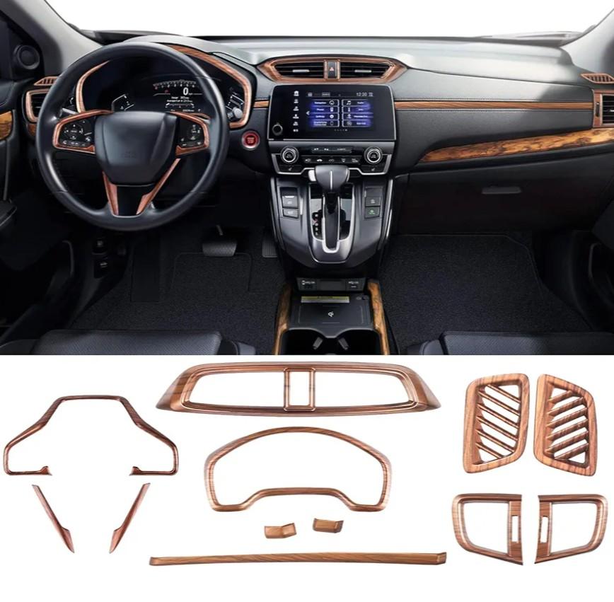 for Honda CRV CR-V 2017~2022 Full Set of Car Interiors Instrument Panel Decorative Center Console Moulding Trim Air Outlet Automotive Steering Wheel Cover Accessories 12Pcs (Wood Grain)