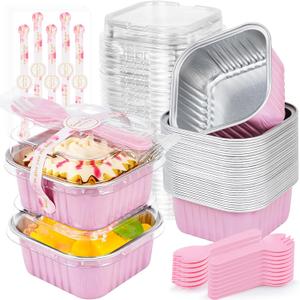 Mini Cake Pans with Lids, ZOXILEN 5oz/150ml Mini Loaf pans with Lids Spoons Aluminum Foil, Disposable Square Small Baking Cups Tins Muffin Pan Cheesecake Containers for Party Pink (25, Pink)
