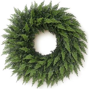 24" Real Touch Cedar Wreath for Front Door, Artificial Christmas Wreaths Faux Cedar Green Fake Pine Needles Wreath for Front Door Wall Windows Indoor Outdoor Christmas Decor