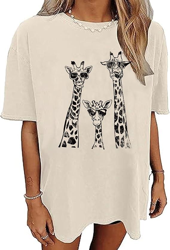 Animal Print Outfits for Women Oversized Graphic T-shirts Funny Tiger Giraffe Printed Shirt 2025, size 2XL