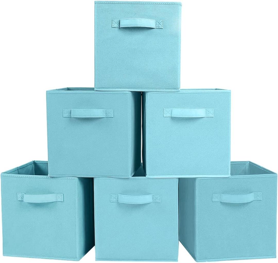 PowerKing Collapsible Storage Cubes with Handles, Fabric Foldable Bins for Closet Shelves, Durable Organization Storage Bins, 10.5'' x 11'' x 10.5'', 6 Pack, Blue