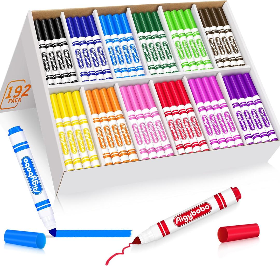 Aigybobo 192 Count Washable Markers Bulk, 12 Assorted Colors, Broad Line Conical Tip Coloring Marker for Kids, Markers Bulk Pack for Classroom, School Art Supplies & Back to School Supplies