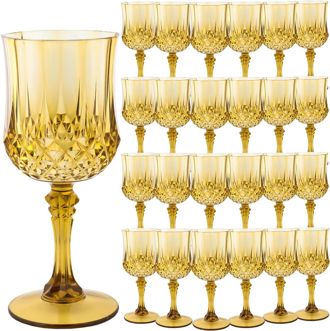 Plastic Wine Glasses, Plastic Goblets Vintage Style Cordial Unbreakable Drinking Glasses, Reusable Drinkware for Wedding Reception, Grand Event Party Supplies, Easter (24, Gold)