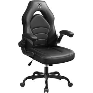 Gaming Chair, Leather High-Back Home Office Desk Chair with Flip-Up Arms, Ergonomic Padded Rolling Wheels Swivel Tilt Gamer Computer Chair with Comfy Lumbar Support, Height Adjustable, Black