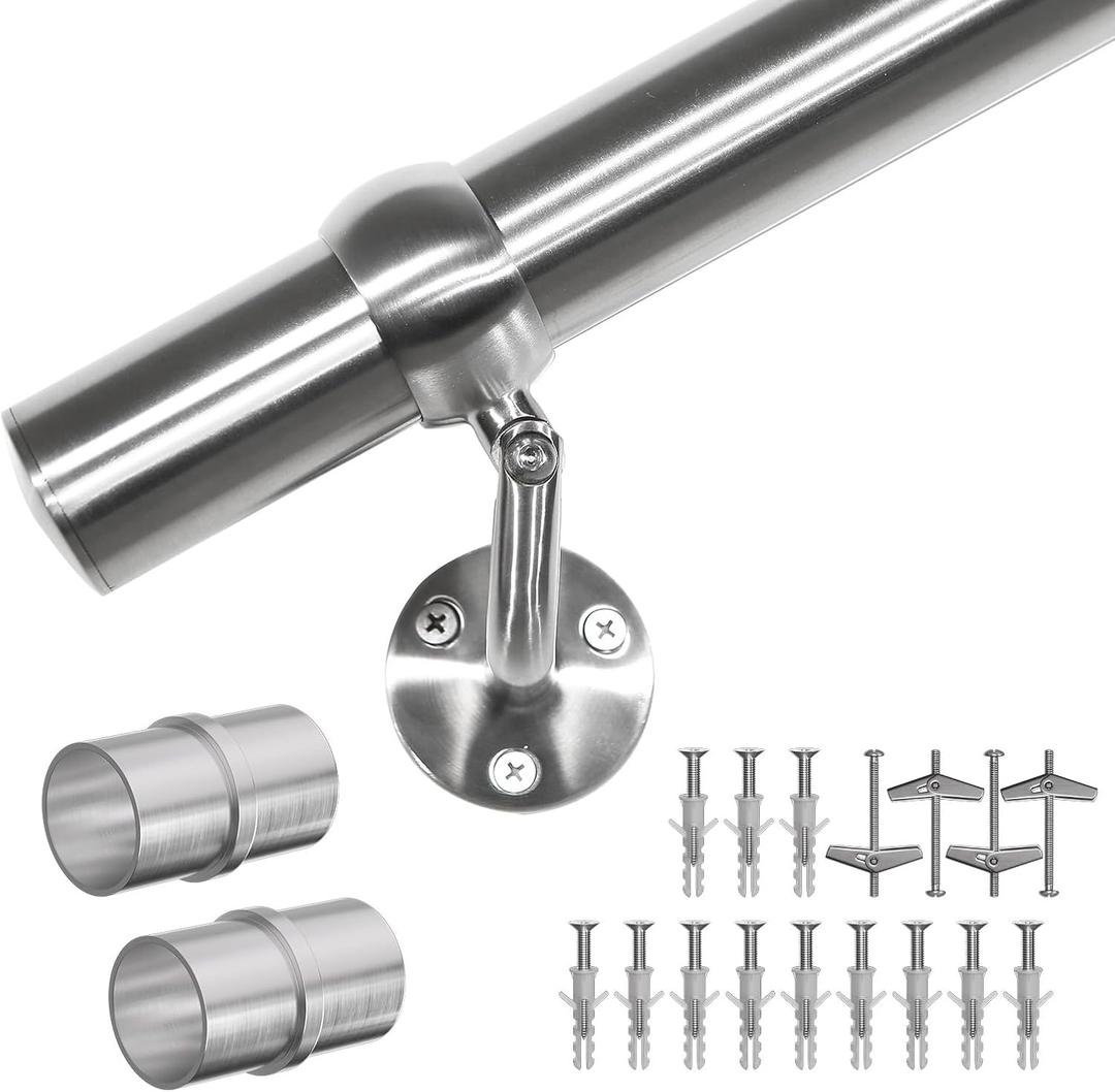 Stair Handrail Kit 12FT, Stainless Steel 304 Wall Mount Railing System, 1-11/16 Inch Pipe Secure Grab Hand Rail for Staircase Indoor House Decor Outdoor, Industrial Modern Style- Silver