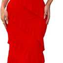 HOCILLE Women's Sexy V Neck Backless Bodycon Spaghetti Strap Elegant Ruffle Maxi Cocktail Party Dresses (Red)
