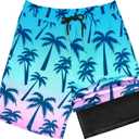 OlyPegic Boys Swim Trunks with Boxer Brief Liner Compression Boy Bathing Suit Quick Dry Beach Swimsuit Toddler Swim Shorts (Blue)
