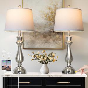 Modern Silver Table Lamps Set of 2 for Living Room,30" Tall Bedside Lamp with USB Charging Port,3-Way Dimmable Touch Nightstand Lamp for Bedroom Desk Side Table Office,Silver