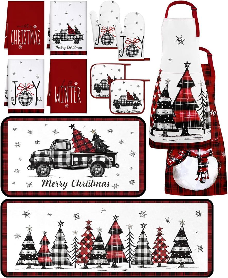 12 Pcs Christmas Farmhouse Kitchen Decor Set 4 Kitchen Towels 2 Xmas Apron 2 Oven Mitts 2 Pot Holders 2 Rugs for Cooking Baking Grilling Women Mom Daughter Gift (Xmas Tree)