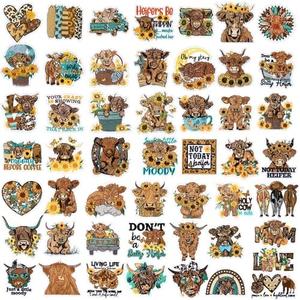 Wavwavw 50 Pcs Summer Sunflower & Highland Cow Iron on Patches Embroidered Patches Applique Western Cow Sew Iron on for Clothes Hats Backpacks Jackets Accessories