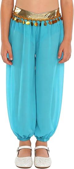 Girls Belly Dance Chiffon Harem Pants Indian Arabian Stage Performance Sequin Tassel Trousers, S, Turquoise, 6 yrs