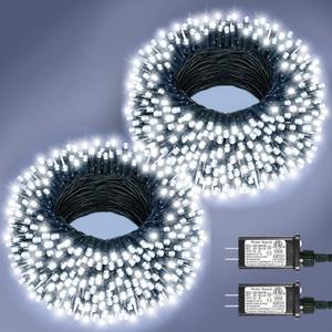 2 Pack Christmas Lights Outdoor, Total 200FT 600LED Christmas Tree Lights with 8 Modes Waterproof, Green Wire String Twinkle Lights for Indoor House Patio Yard Party Xmas Decorations, White