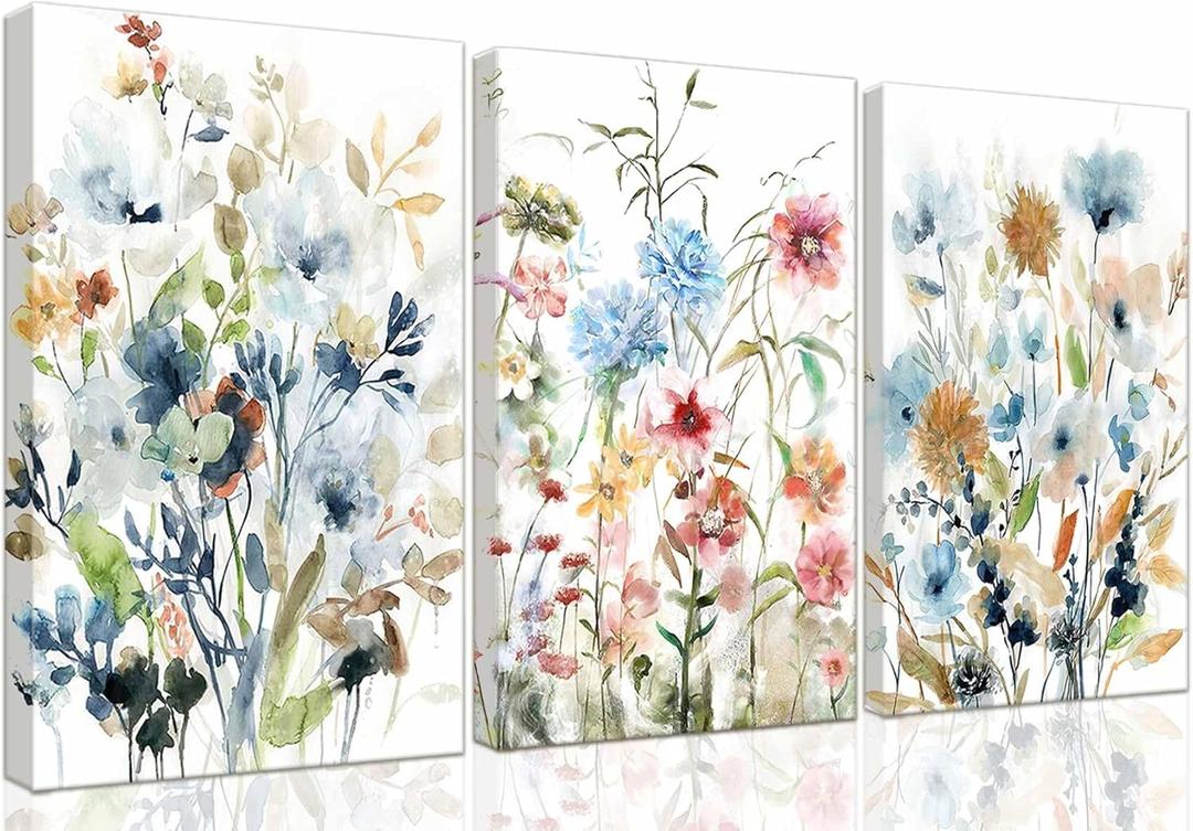 3-Pcs Framed Watercolor Daisy Flower Canvas Wall Art Colorful Plant Decor Pink Wildflower Pictures Print Farmhouse Floral Painting Wall decor for Living Room Bedroom Bathroom12x16Inch