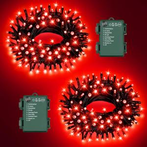 FFZZKJ Red Christmas Lights Outdoor Battery Operated String Lights Total 100LED 33Ft with Timer 8 Modes 16.4Ft*2 Waterproof Outdoor Indoor for Christmas Decor, Red, 2-Pack