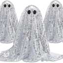 3 Pack Halloween Disco Ghost Decor - 10'' and 13'' DIY Glitter Ghost Decoration with LED Lights Cute Spooky for Indoor Halloween Party, Home Table Centerpiece