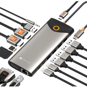 NOVOO USB C Docking Station Dual Monitor, 15 in 1 Laptop Docking Station 3 Monitors with 2 HDMI,VGA,USB C/A Ports, 100W PD, RJ45, SD/TF and Audio, Multiport Adapter for MacBook/Dell/iPhone/HP/Lenovo