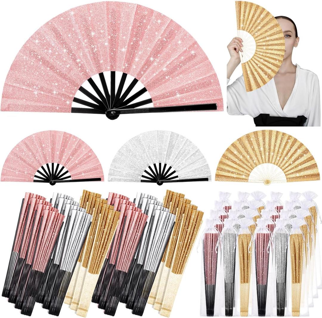 24 Pcs Large Folding Hand Fans for Line Dancing, Fan with Bag Clapping Popping Raves Fans Bulk for Wedding Edm Club Party Decoration(Gold Rose, Gold, Silver)