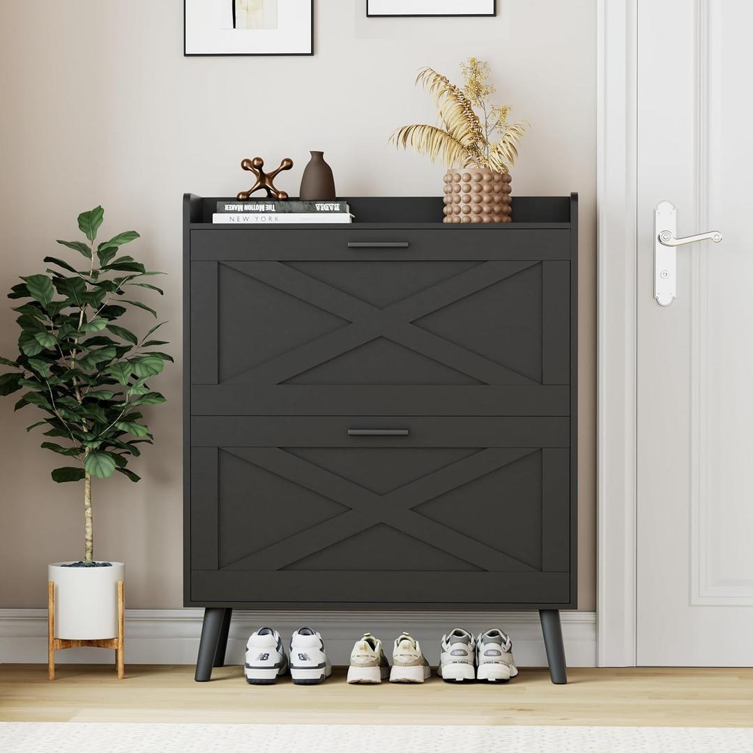 Homleke 32" W Farmhouse Shoe Storage Cabinet with 2 Flip Drawers and Barn Door Design, Adjustable Shelves, Modern Hidden Slim Narrow Shoe Rack Cabinet for Entryway, Foyer, Hallway, Living Room, Black