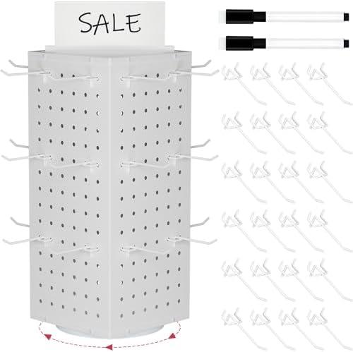 SIBRANT Rotating Pegboard Display Stand With 24 Hooks,Spinning Peg Board Displays,Tabletop Metal Pegboard Shelf for Craft Shows & Fairs, Retail Stores, Vendors Arts and Crafts (White)
