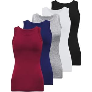 BQTQ 5 Pack Womens Crewneck Tank Tops High Neck Tank Tops Sleeveless Slim Fit Basic Tanks Top Ladies Undershirts, Size XL