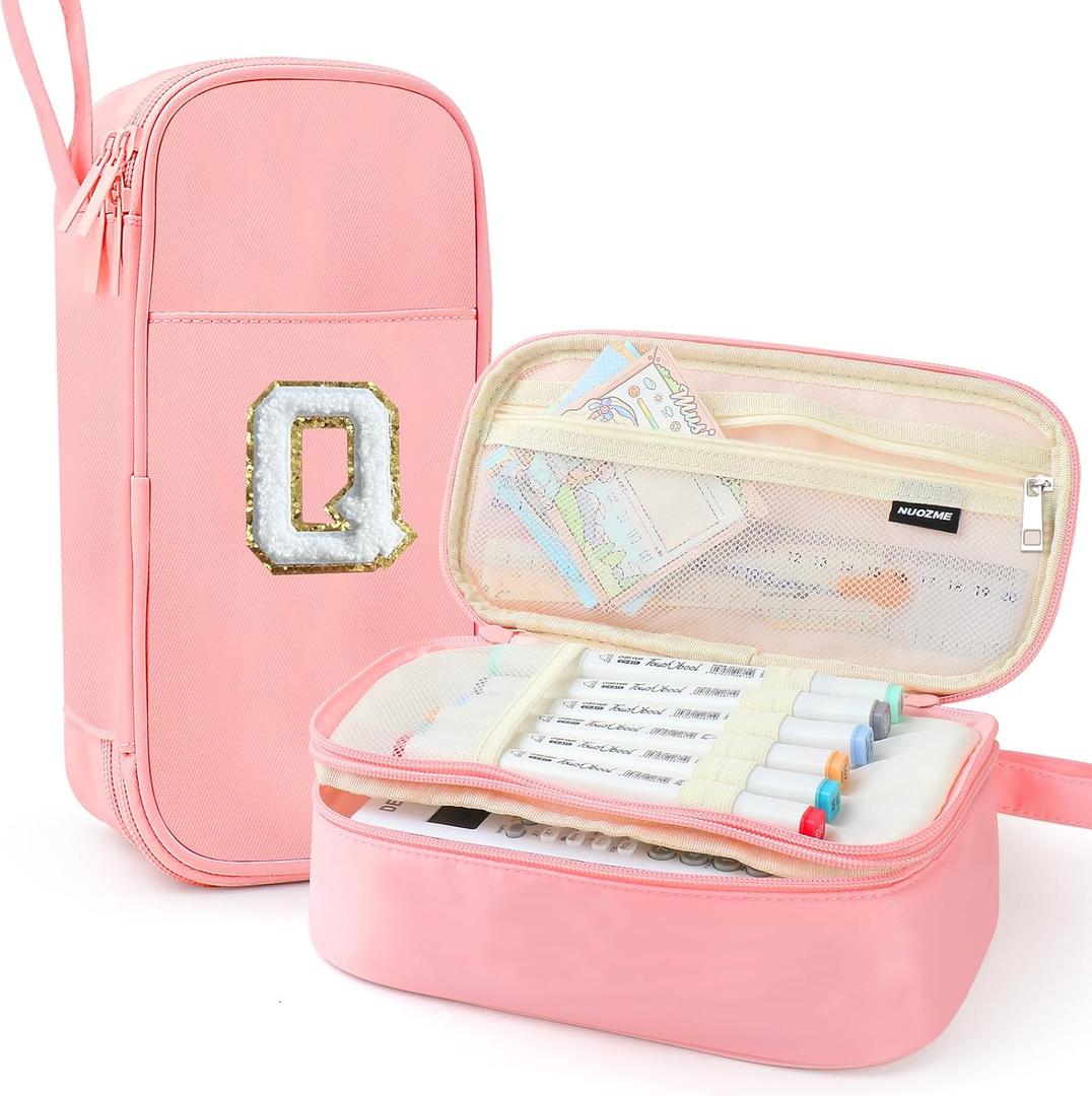 Large Pencil Case,Big Capacity Pencil Pouch,Personalized Initial Pencil Bag with smooth zipper,Multiple Pockets,Cute Aesthetic Stationery Pen Case Bag for Teen Girls College (Pink, Q)